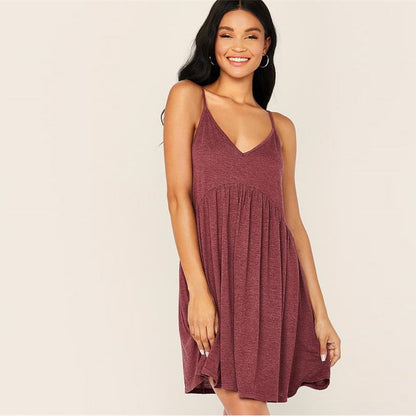 Solid Criss-cross High Waist Slip Cami Dress Women Summer Deep V Neck Pleated Hem Fit and Flare Casual Short Dresses