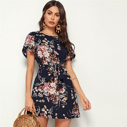 Navy Floral Print Petal Sleeve Belted Tunic Shift Dress Women Summer Short Sleeve Ladies Straight Bohemian Short Dresses