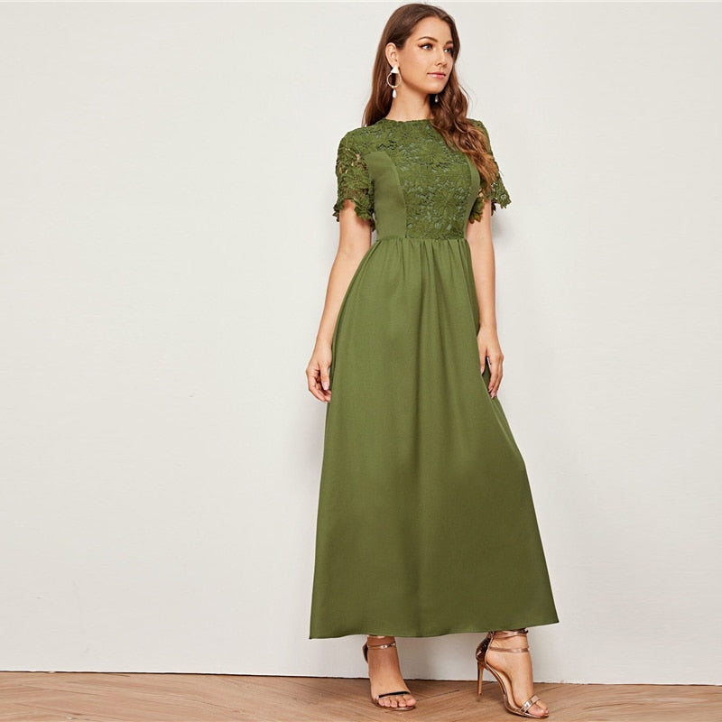 Army Green Solid Guipure Lace Trim Fit And Flare Dress Women Summer Short Sleeve High Waist Elegant Maxi Dresses
