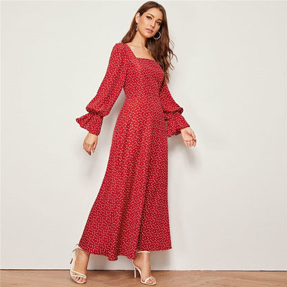 Red Square Neck Heart Print Elegant Long Dress Women Autumn Flounce Sleeve High Waist Zipper Back Flared Maxi Dresses