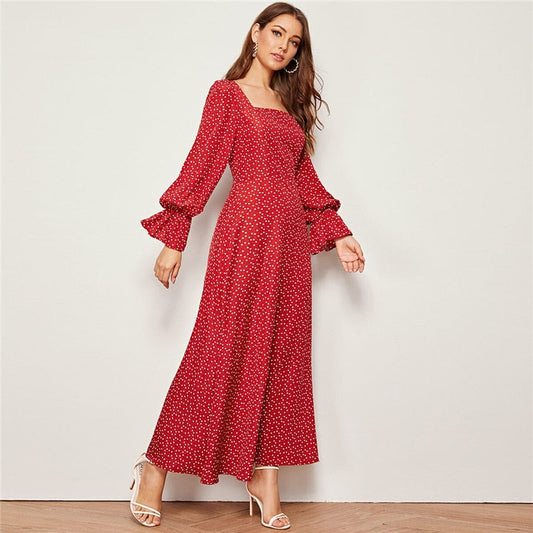 Red Square Neck Heart Print Elegant Long Dress Women Autumn Flounce Sleeve High Waist Zipper Back Flared Maxi Dresses