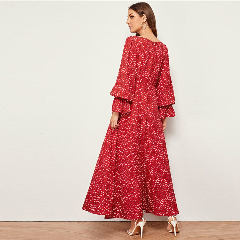 Red Square Neck Heart Print Elegant Long Dress Women Autumn Flounce Sleeve High Waist Zipper Back Flared Maxi Dresses