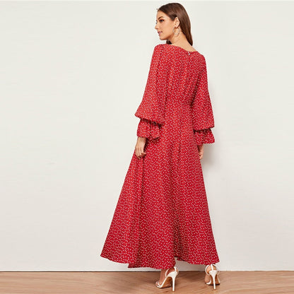 Red Square Neck Heart Print Elegant Long Dress Women Autumn Flounce Sleeve High Waist Zipper Back Flared Maxi Dresses