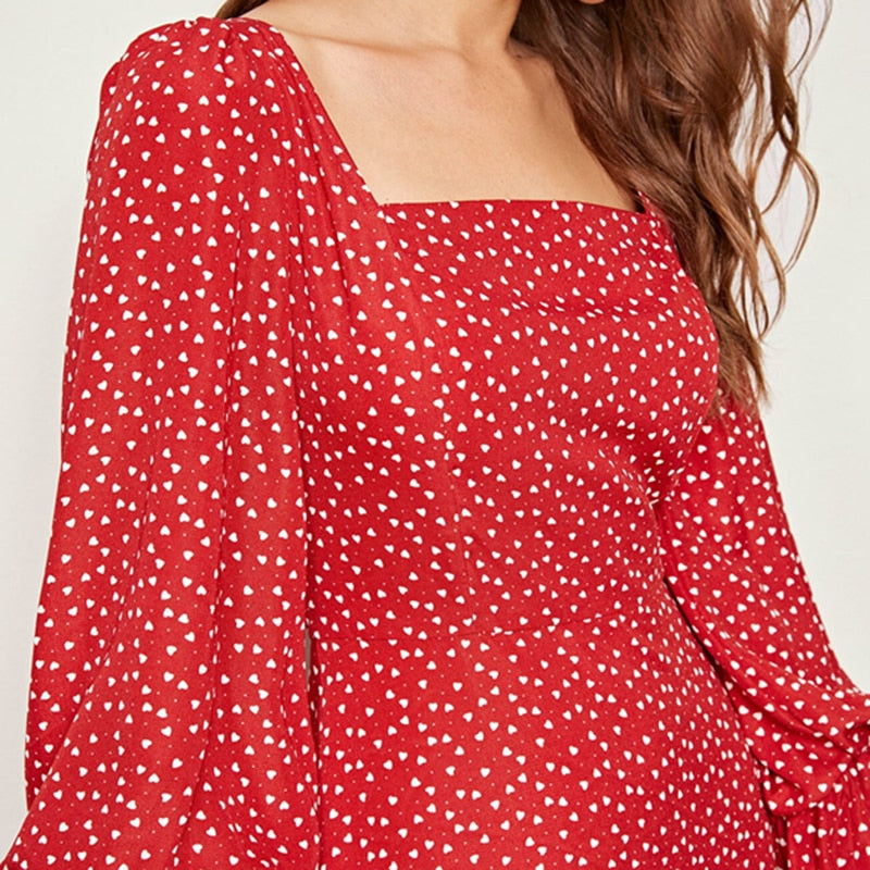 Red Square Neck Heart Print Elegant Long Dress Women Autumn Flounce Sleeve High Waist Zipper Back Flared Maxi Dresses