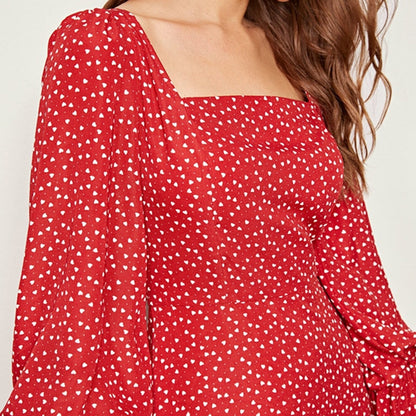 Red Square Neck Heart Print Elegant Long Dress Women Autumn Flounce Sleeve High Waist Zipper Back Flared Maxi Dresses