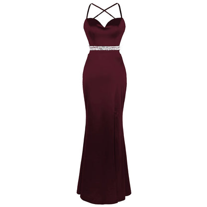Women's Spaghetti Strap Hollow Out Beading Evening Dresses Backless Luxury Birthday Party Gown Wine Red