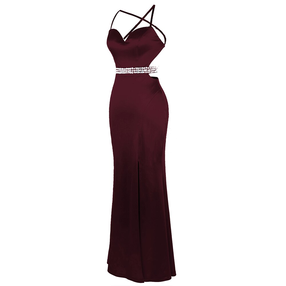 Women's Spaghetti Strap Hollow Out Beading Evening Dresses Backless Luxury Birthday Party Gown Wine Red