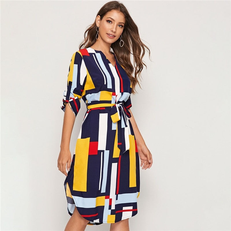 Geometric V Cut Neck Colorblock Casual Dress With Belt Women Autumn Roll Up Sleeve Button Side Straight Midi Dresses