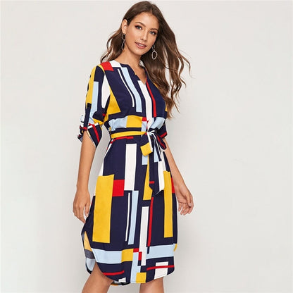 Geometric V Cut Neck Colorblock Casual Dress With Belt Women Autumn Roll Up Sleeve Button Side Straight Midi Dresses