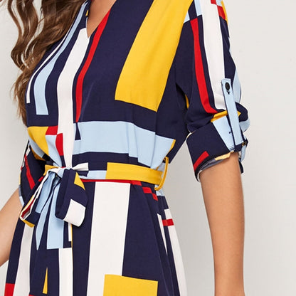 Geometric V Cut Neck Colorblock Casual Dress With Belt Women Autumn Roll Up Sleeve Button Side Straight Midi Dresses