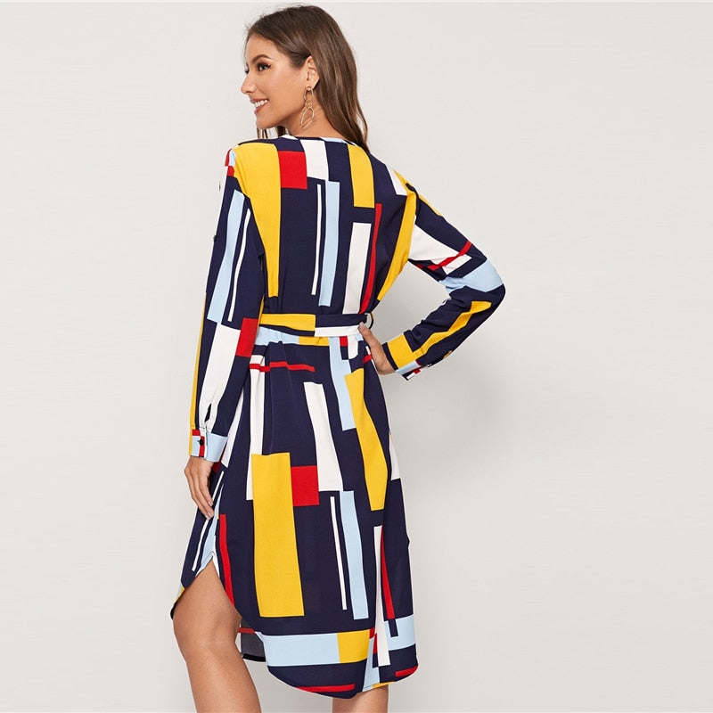 Geometric V Cut Neck Colorblock Casual Dress With Belt Women Autumn Roll Up Sleeve Button Side Straight Midi Dresses