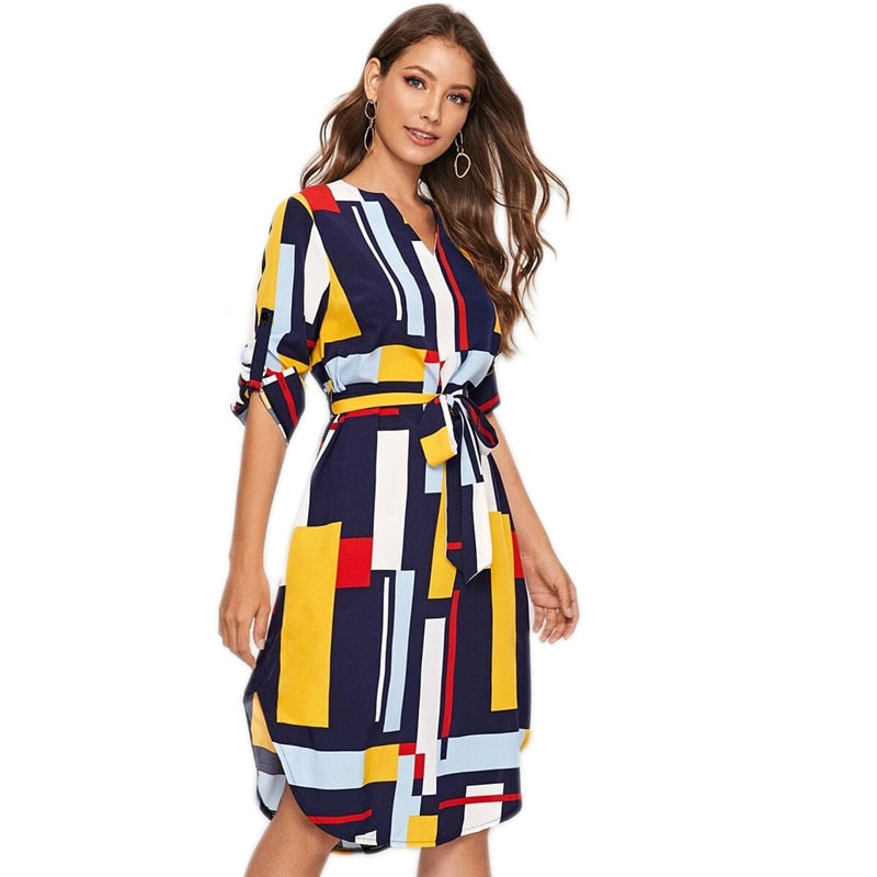 Geometric V Cut Neck Colorblock Casual Dress With Belt Women Autumn Roll Up Sleeve Button Side Straight Midi Dresses