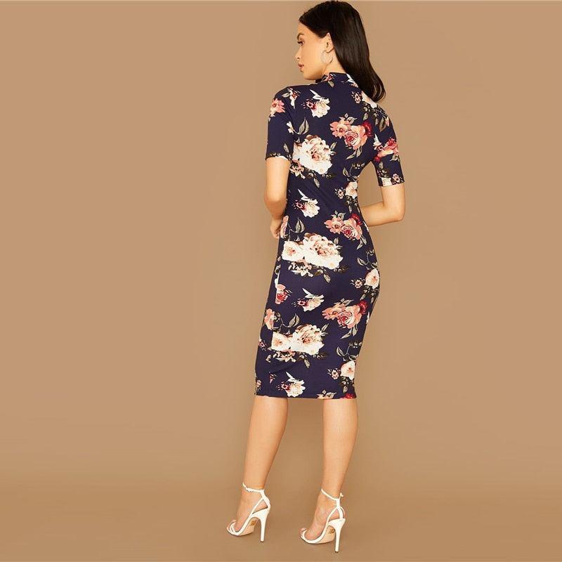 Navy Floral Print Stand Collar Elegant Bodycon Dress Women Autumn Short Sleeve Form Fitted Midi Pencil Dresses