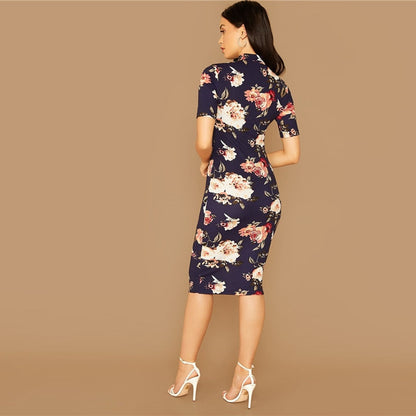 Navy Floral Print Stand Collar Elegant Bodycon Dress Women Autumn Short Sleeve Form Fitted Midi Pencil Dresses