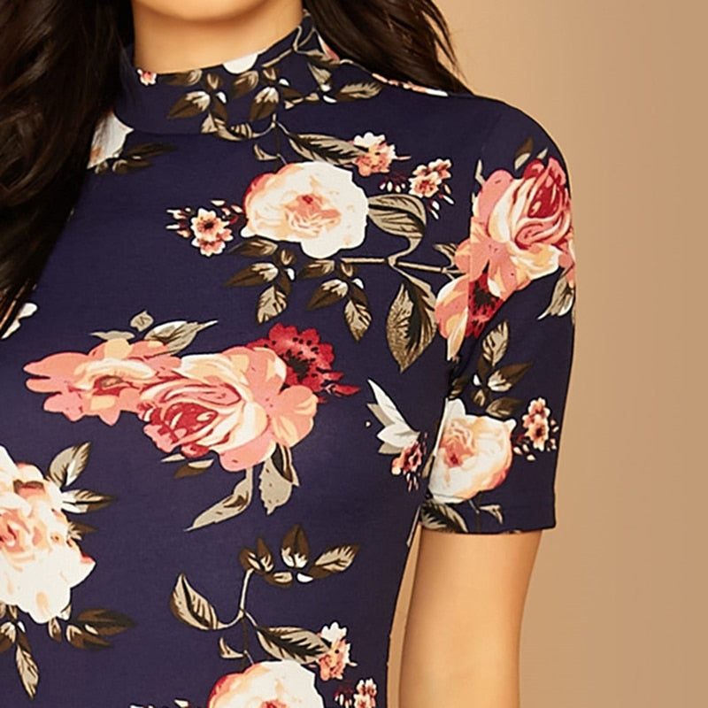 Navy Floral Print Stand Collar Elegant Bodycon Dress Women Autumn Short Sleeve Form Fitted Midi Pencil Dresses