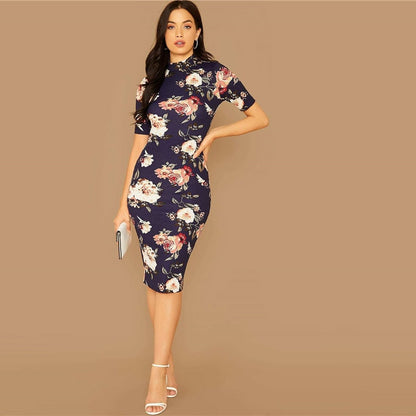 Navy Floral Print Stand Collar Elegant Bodycon Dress Women Autumn Short Sleeve Form Fitted Midi Pencil Dresses
