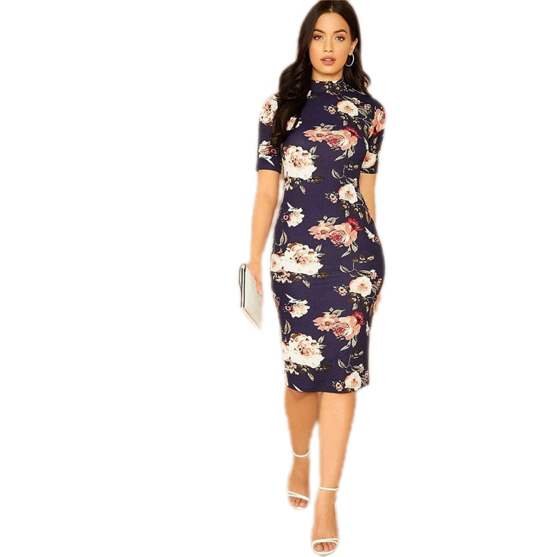 Navy Floral Print Stand Collar Elegant Bodycon Dress Women Autumn Short Sleeve Form Fitted Midi Pencil Dresses
