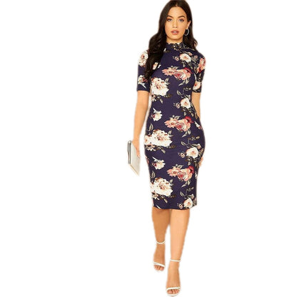 Navy Floral Print Stand Collar Elegant Bodycon Dress Women Autumn Short Sleeve Form Fitted Midi Pencil Dresses