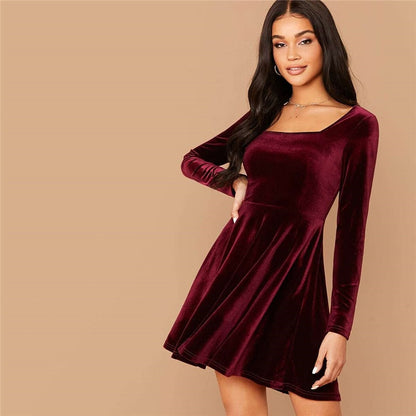 Solid Square Neck Flared Elegant Velvet Dress Women Spring High Waist Long Sleeve Ladies Fit And Flare Party Short Dresses