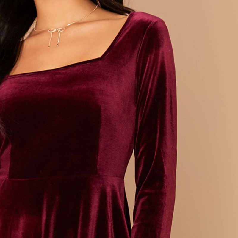 Solid Square Neck Flared Elegant Velvet Dress Women Spring High Waist Long Sleeve Ladies Fit And Flare Party Short Dresses