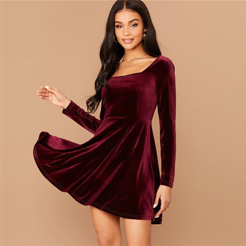 Solid Square Neck Flared Elegant Velvet Dress Women Spring High Waist Long Sleeve Ladies Fit And Flare Party Short Dresses