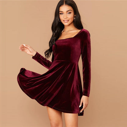 Solid Square Neck Flared Elegant Velvet Dress Women Spring High Waist Long Sleeve Ladies Fit And Flare Party Short Dresses