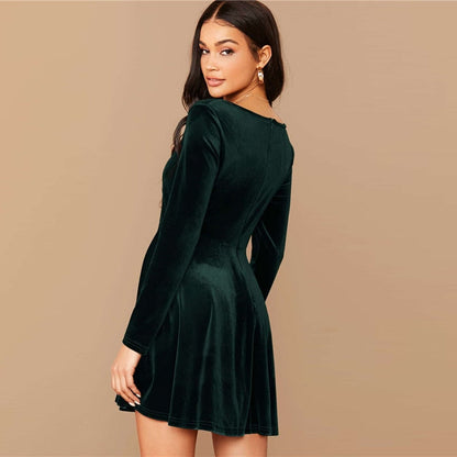 Solid Square Neck Flared Elegant Velvet Dress Women Spring High Waist Long Sleeve Ladies Fit And Flare Party Short Dresses