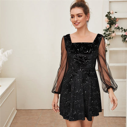 Galaxy Print Contrast Sheer Mesh Sleeve Christmas Velvet Dress Women Spring Square Neck A Line Party Short Flared Dresses