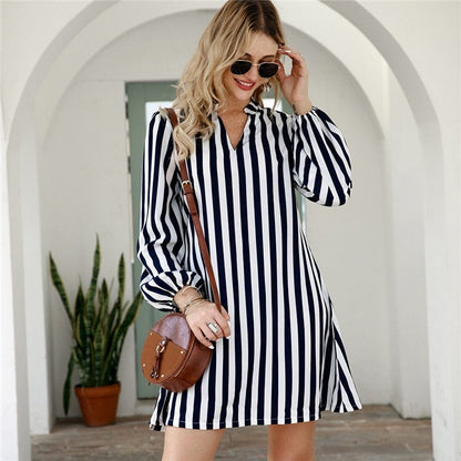 Notched Collar Striped Casual Shirt Dress Women  Spring High Street Long Sleeve Basic Ladies Short Tunic Dresses