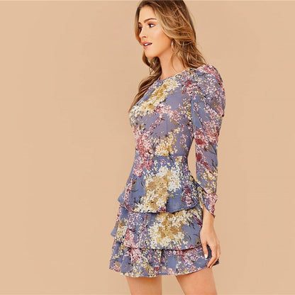 Allover Botanical Print Gigot Sleeve Layered Hem Chiffon Dress Women Spring O-neck High Waist Short A Line Boho Dresses