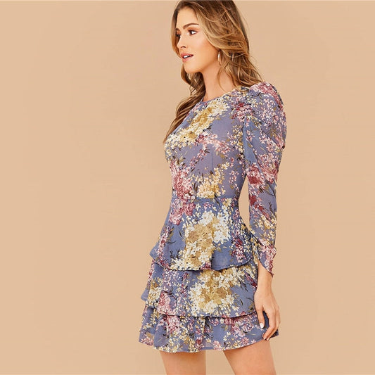 Allover Botanical Print Gigot Sleeve Layered Hem Chiffon Dress Women Spring O-neck High Waist Short A Line Boho Dresses