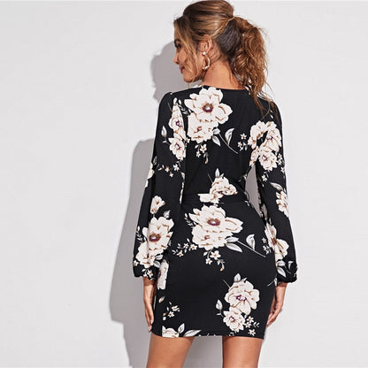 Surplice Neck Lantern Sleeve Self Belted Floral Pencil Dress Women High Waist Slim Fit Elegant Bodycon Short Dresses