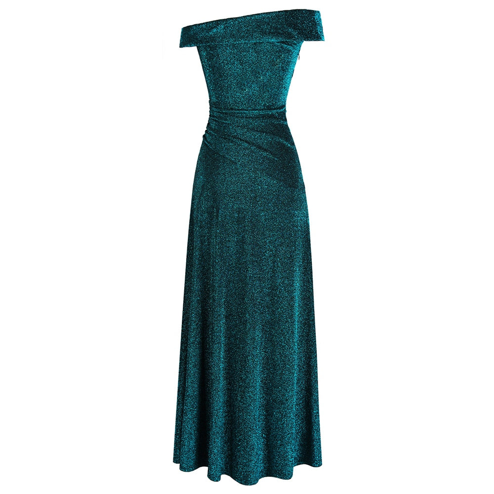 Off Shoulder Pleated Evening Dresses Long Party Gown Peacock green