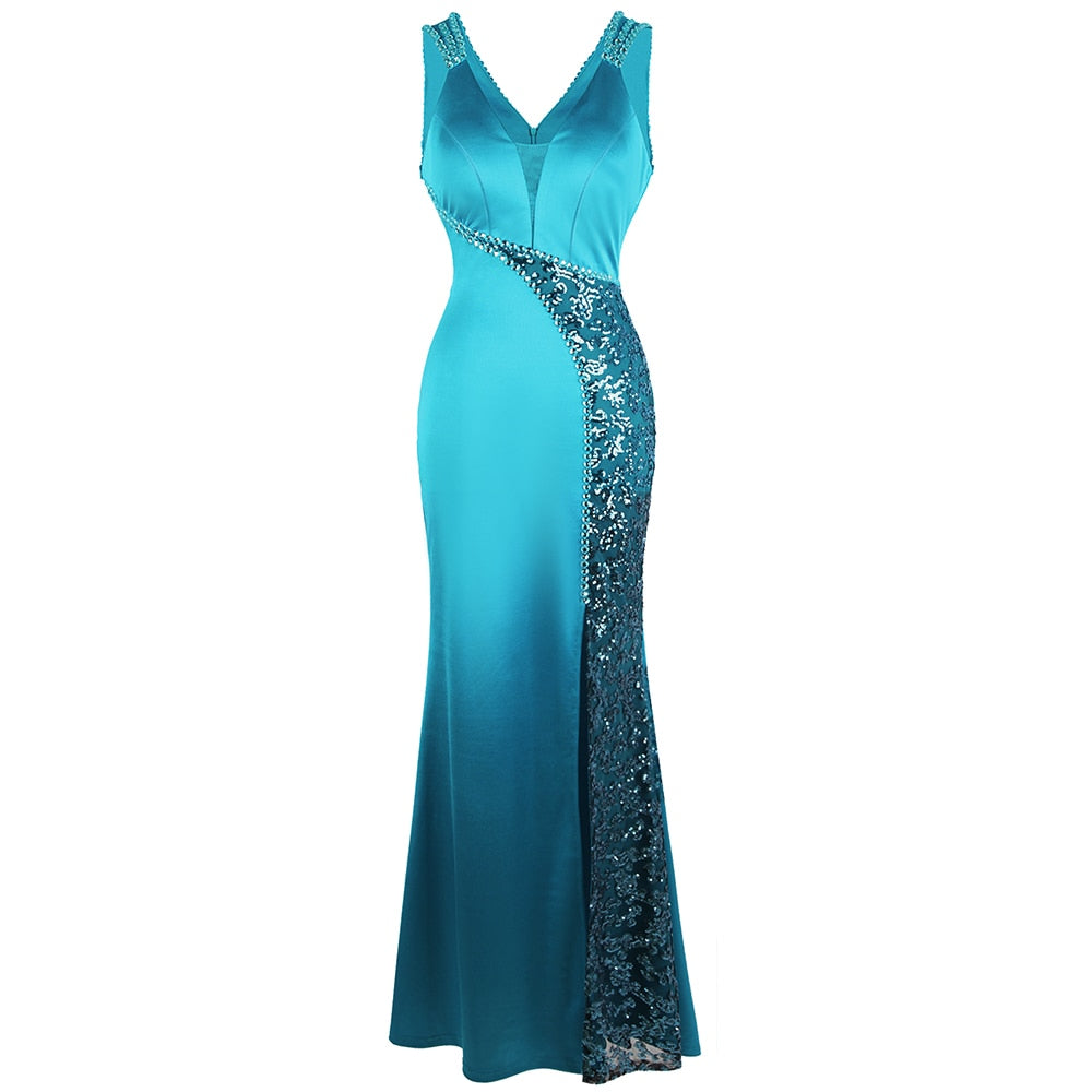 Women's V Neck Beading Sequin Splicing Evening Dresses Long Formal Party Gwon  Ice-Snow Blue