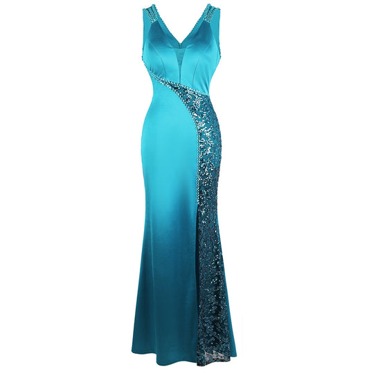Women's V Neck Beading Sequin Splicing Evening Dresses Long Formal Party Gwon  Ice-Snow Blue
