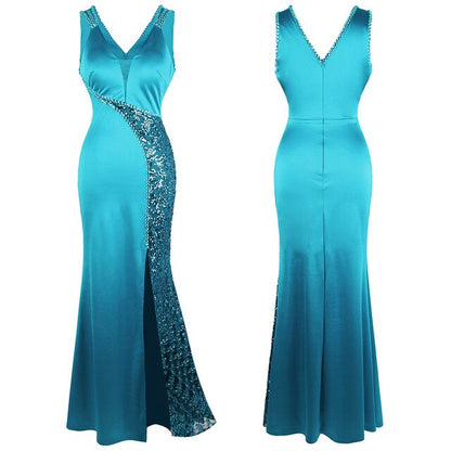 Women's V Neck Beading Sequin Splicing Evening Dresses Long Formal Party Gwon  Ice-Snow Blue