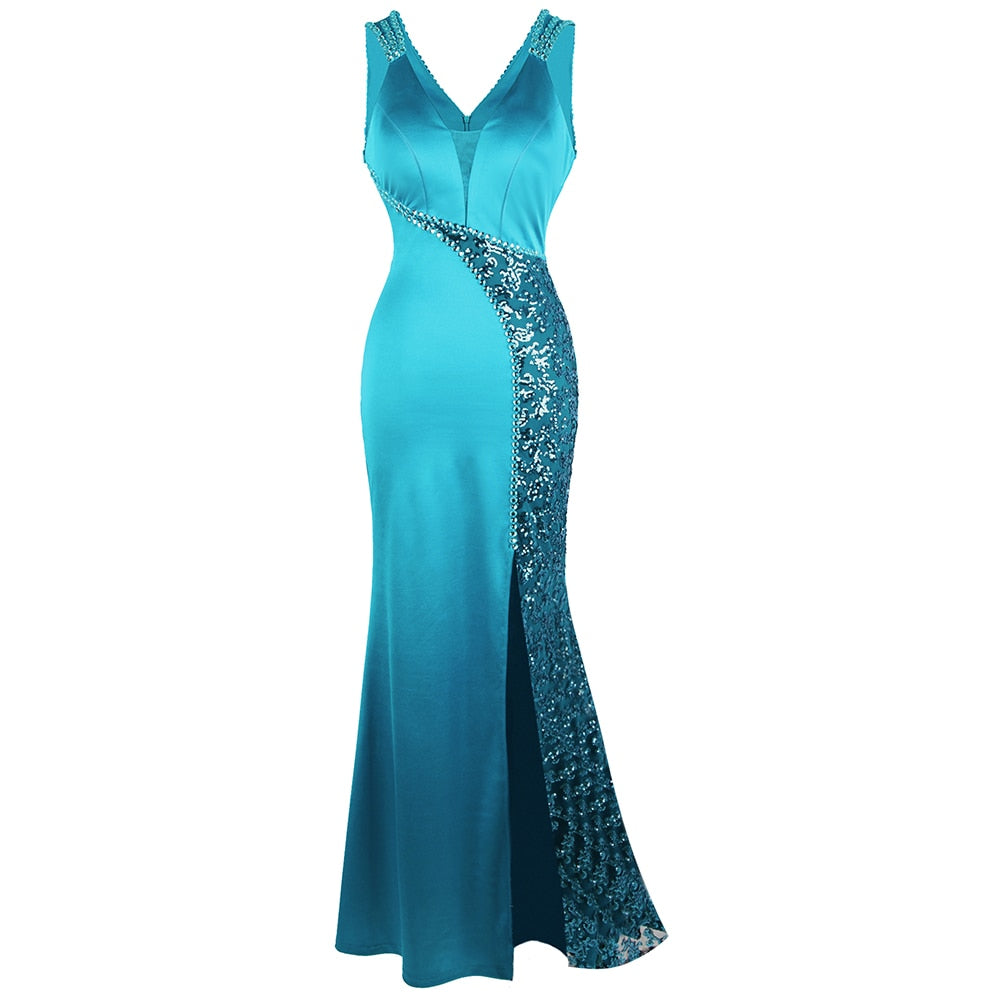 Women's V Neck Beading Sequin Splicing Evening Dresses Long Formal Party Gwon  Ice-Snow Blue