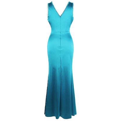 Women's V Neck Beading Sequin Splicing Evening Dresses Long Formal Party Gwon  Ice-Snow Blue