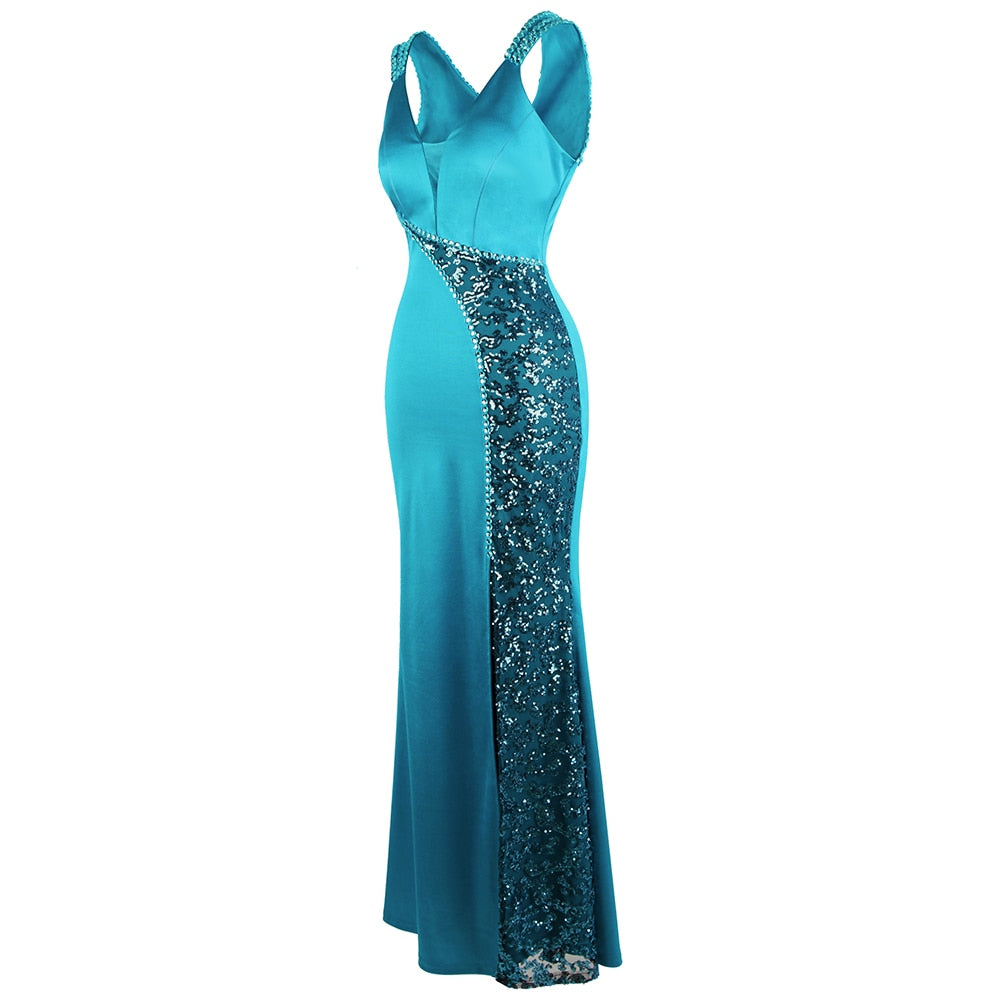 Women's V Neck Beading Sequin Splicing Evening Dresses Long Formal Party Gwon  Ice-Snow Blue
