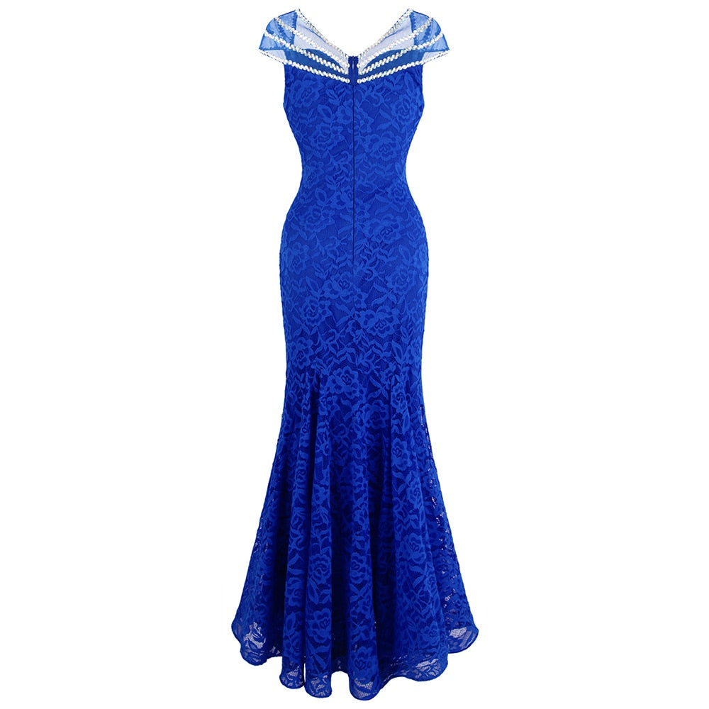 Women's Cap Sleeve Beading Lace Evening Dresses Long Mermaid Wedding Party Gown Blue