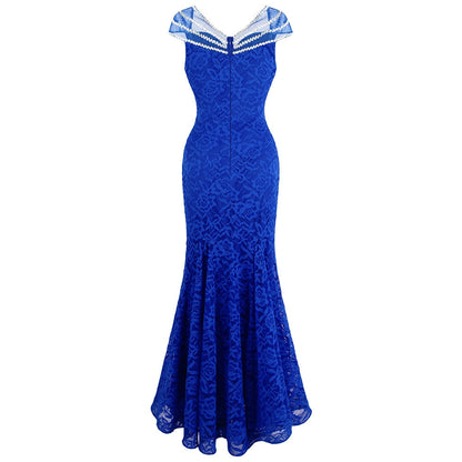 Women's Cap Sleeve Beading Lace Evening Dresses Long Mermaid Wedding Party Gown Blue