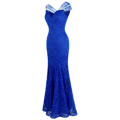 Women's Cap Sleeve Beading Lace Evening Dresses Long Mermaid Wedding Party Gown Blue