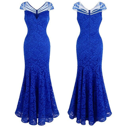 Women's Cap Sleeve Beading Lace Evening Dresses Long Mermaid Wedding Party Gown Blue