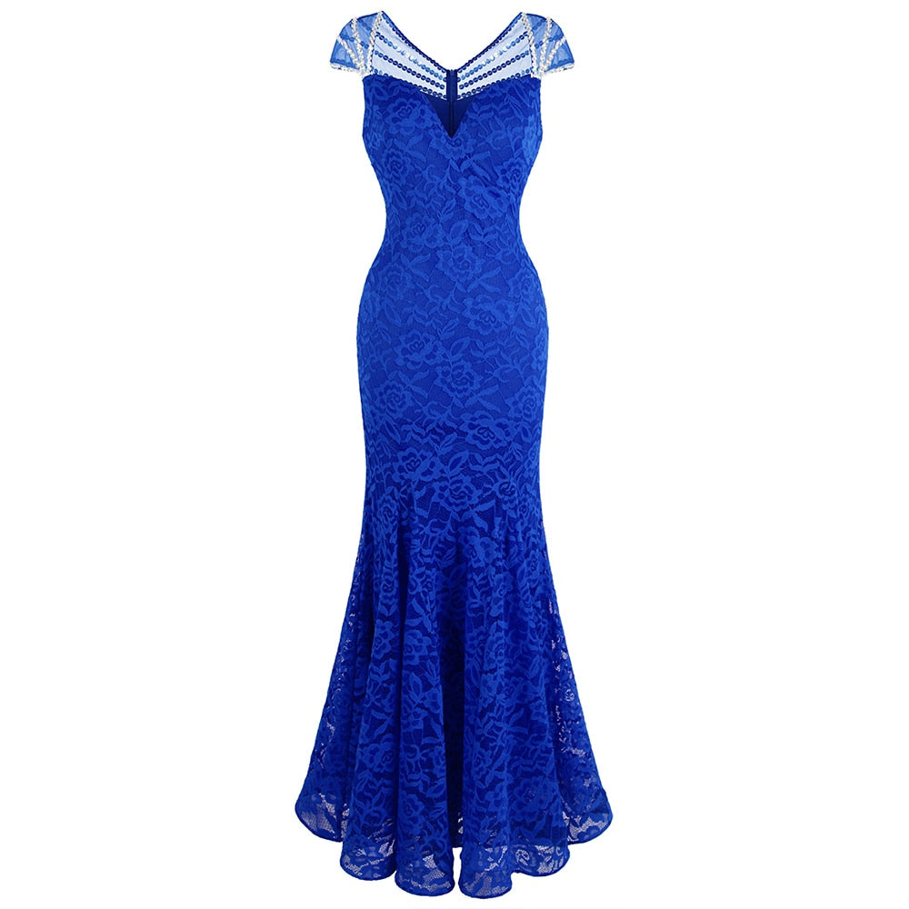 Women's Cap Sleeve Beading Lace Evening Dresses Long Mermaid Wedding Party Gown Blue