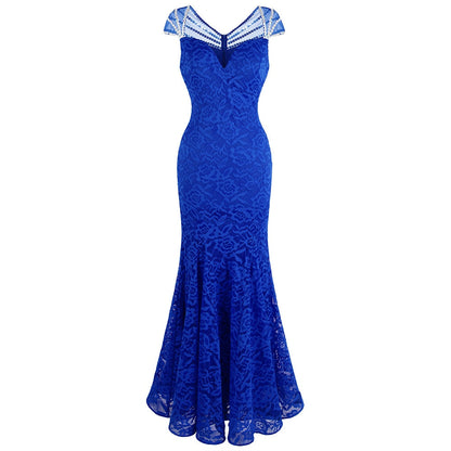 Women's Cap Sleeve Beading Lace Evening Dresses Long Mermaid Wedding Party Gown Blue