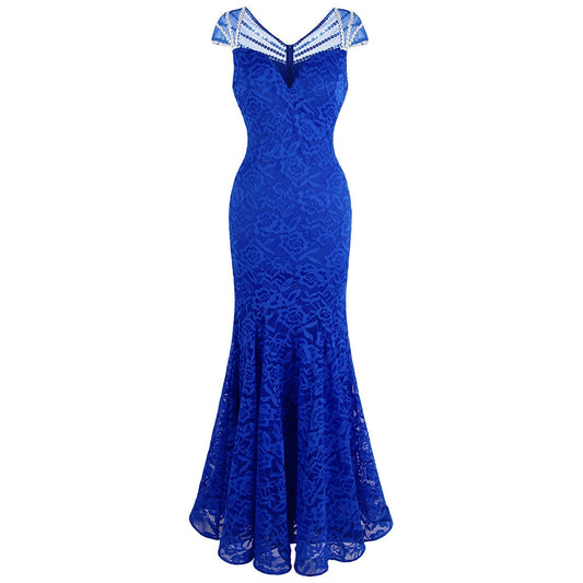 Women's Cap Sleeve Beading Lace Evening Dresses Long Mermaid Wedding Party Gown Blue