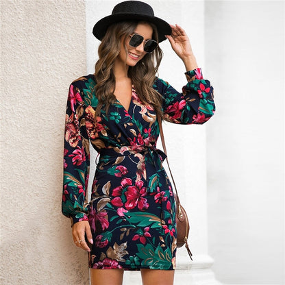 V Neck Floral Print Casual Belted Pencil Dress  Streetwear High Waist Multicolor Short Dresses