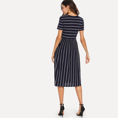 Navy Elegant Round Neck Short Sleeve Mixed Stripe Natural Waist Smock Dress Summer Women Weekend Casual Dresses
