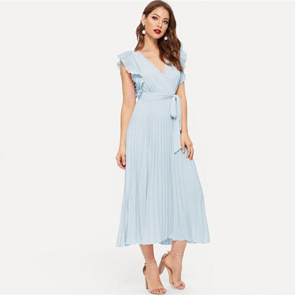 Soild Ruffle Trim Wrap Knot Summer Dress With Belt Women Clothes A Line High Waist Maxi Dress Ladies Pleated Dresses