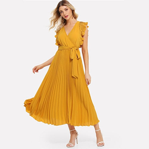 Soild Ruffle Trim Wrap Knot Summer Dress With Belt Women Clothes A Line High Waist Maxi Dress Ladies Pleated Dresses